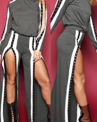  Fashionable Round Neck Slit Design Grey Cotton Two-piece Pants Set