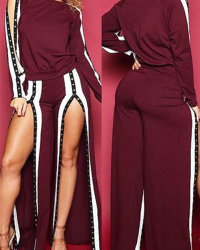  Fashionable Round Neck Slit Design Wine Red Cotton Two-piece Pants Set