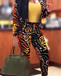  Fashionable Turndown Collar Printed Polyester Two-piece Pants Set