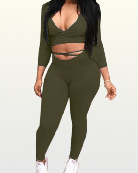  Green Polyester Pants Plain V Neck Long Sleeve Sexy Two Pieces