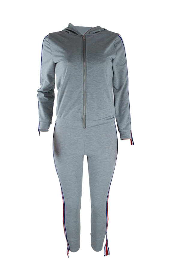  Leisure Hooded Collar Patchwork Grey Cotton Two-Piece Pants Set