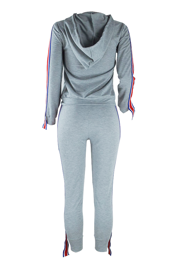  Leisure Hooded Collar Patchwork Grey Cotton Two-Piece Pants Set