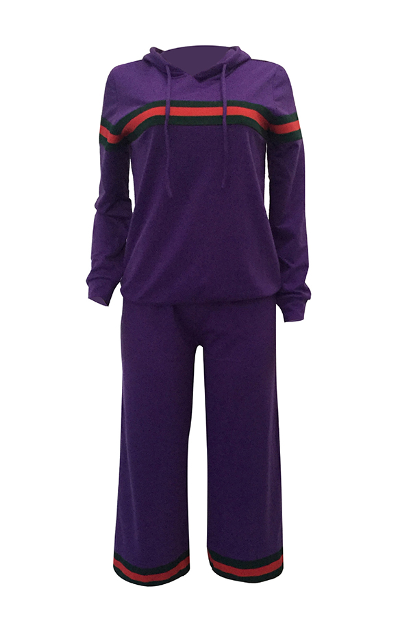  Leisure Hooded Collar Patchwork Purple Cotton Two-piece Pants Set