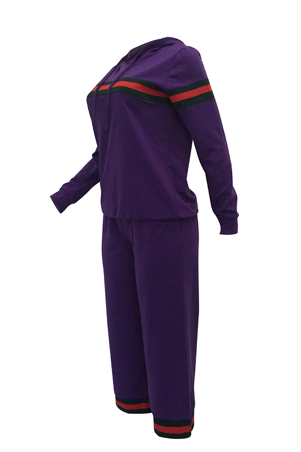  Leisure Hooded Collar Patchwork Purple Cotton Two-piece Pants Set