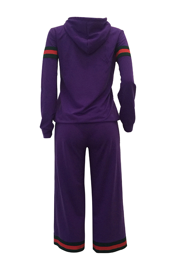  Leisure Hooded Collar Patchwork Purple Cotton Two-piece Pants Set