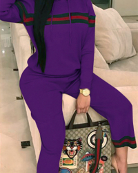  Leisure Hooded Collar Patchwork Purple Cotton Two-piece Pants Set