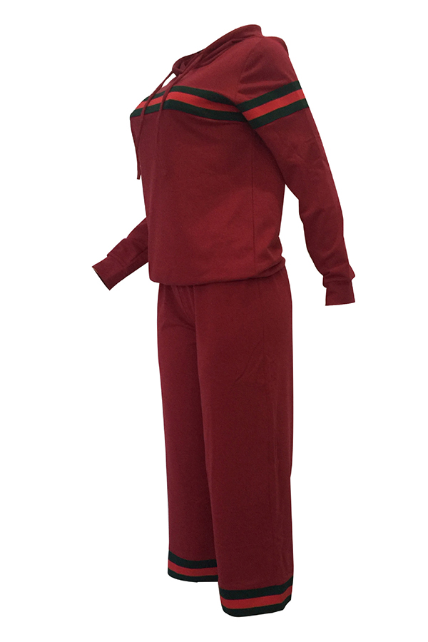  Leisure Hooded Collar Patchwork Wine Red Cotton Two-piece Pants Set