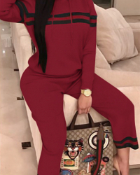  Leisure Hooded Collar Patchwork Wine Red Cotton Two-piece Pants Set