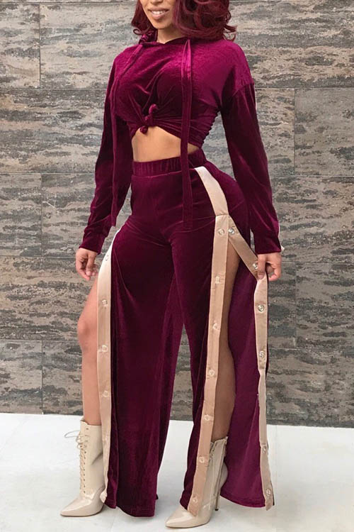  Leisure Hooded Collar Purple Velvet Two-piece Pants Set