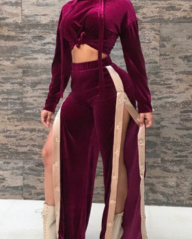  Leisure Hooded Collar Purple Velvet Two-piece Pants Set