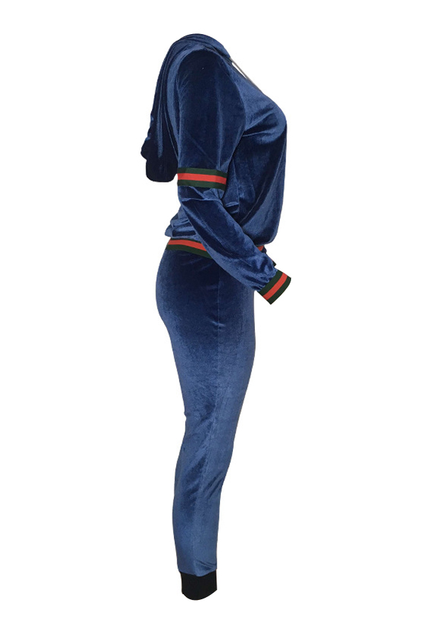  Leisure Long Sleeves Patchwork Blue Velvet Two-piece Pants Set