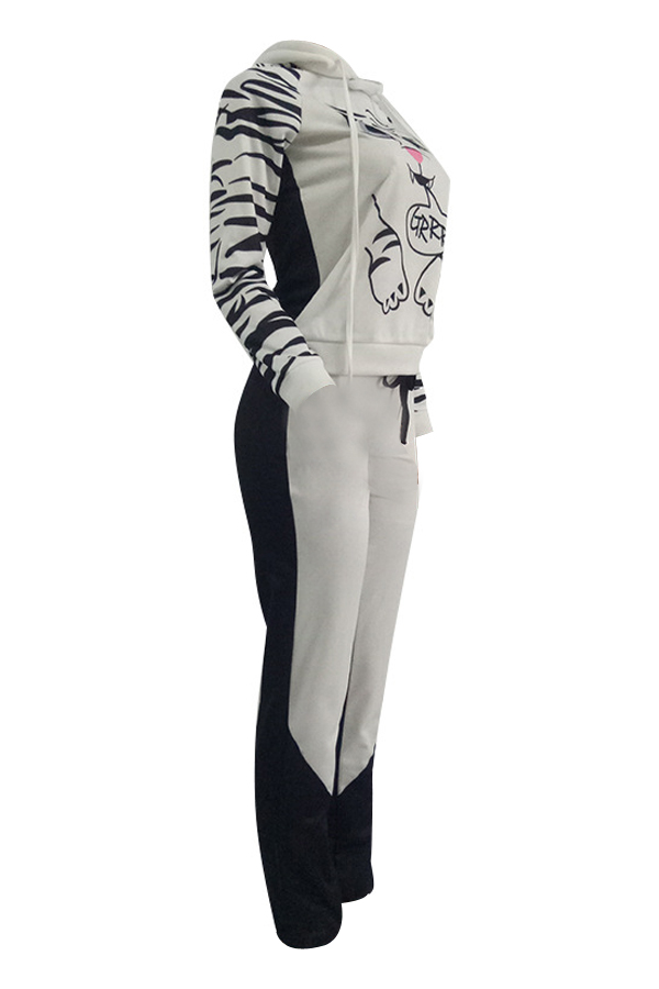  Leisure Long Sleeves Printed White Cotton Two-piece Pants Set