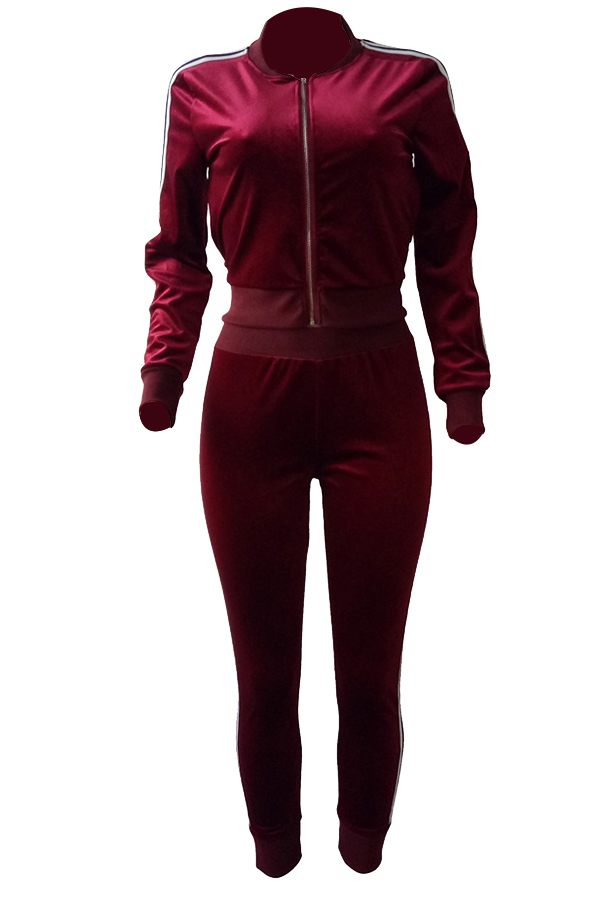  Leisure Mandarin Collar Striped Wine Red Velvet Two-piece Pants Set