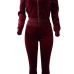  Leisure Mandarin Collar Striped Wine Red Velvet Two-piece Pants Set