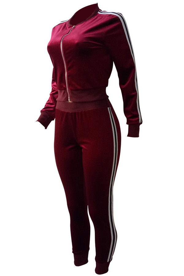  Leisure Mandarin Collar Striped Wine Red Velvet Two-piece Pants Set