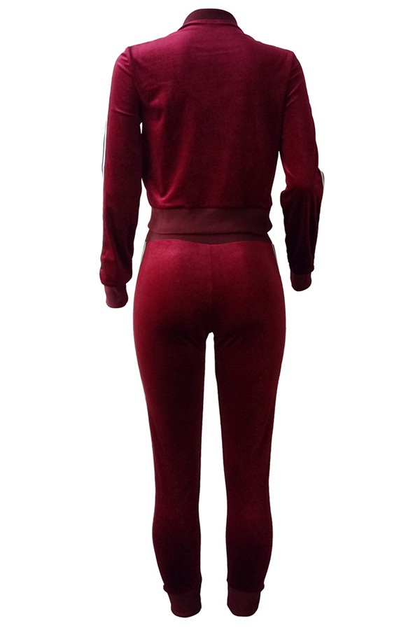  Leisure Mandarin Collar Striped Wine Red Velvet Two-piece Pants Set