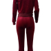  Leisure Mandarin Collar Striped Wine Red Velvet Two-piece Pants Set