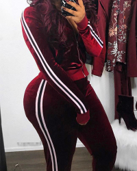  Leisure Mandarin Collar Striped Wine Red Velvet Two-piece Pants Set