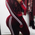  Leisure Mandarin Collar Striped Wine Red Velvet Two-piece Pants Set