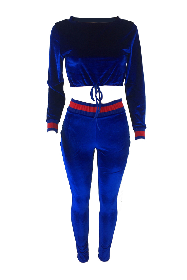  Leisure Round Neck Blue Velvet Two-piece Pants Set 