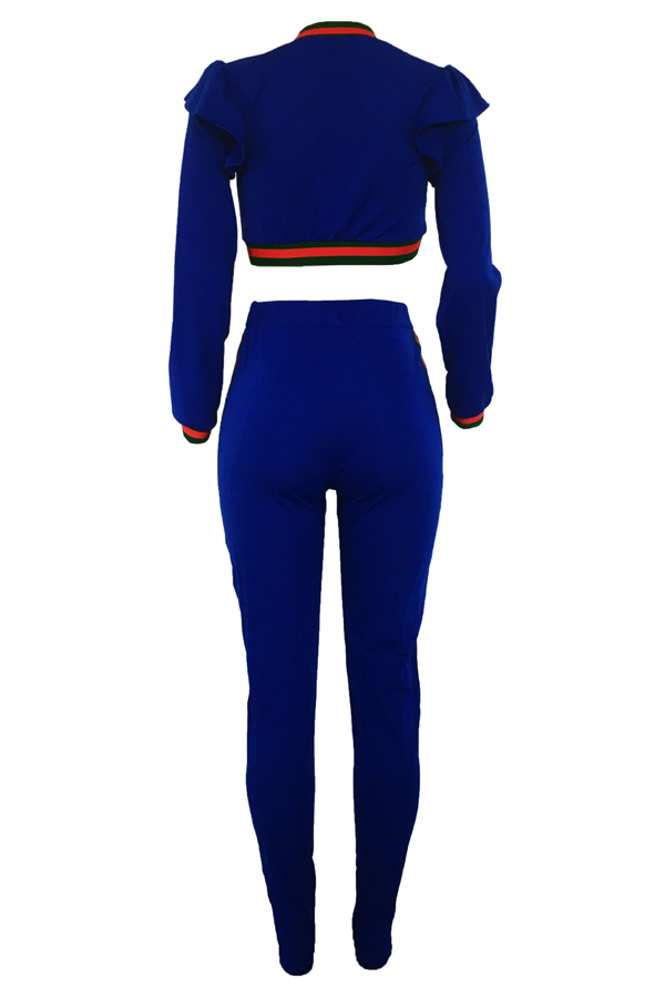  Leisure Round Neck Falbala Design Blue Knitting Two-piece Pants Set