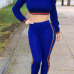  Leisure Round Neck Falbala Design Blue Knitting Two-piece Pants Set