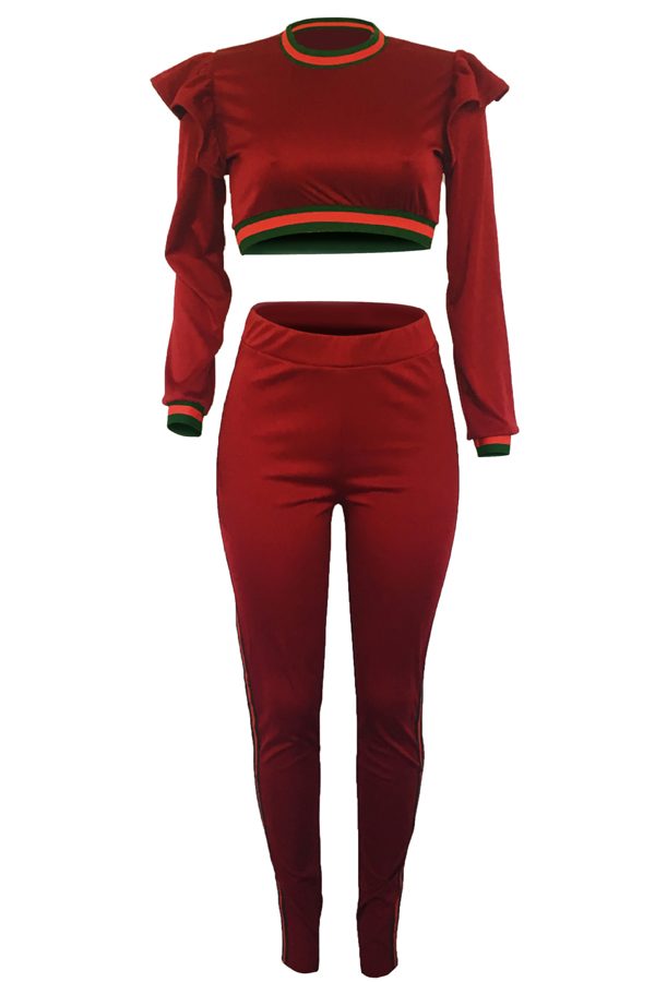  Leisure Round Neck Falbala Design Wine Red Knitting Two-piece Pants Set