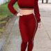  Leisure Round Neck Falbala Design Wine Red Knitting Two-piece Pants Set