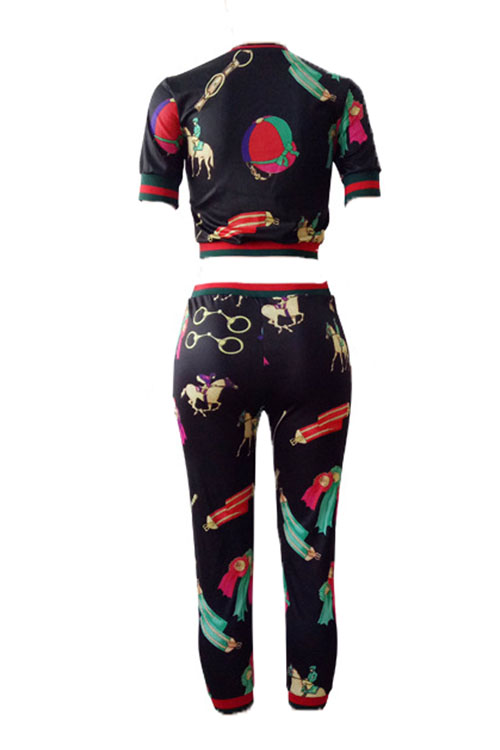  Leisure Round Neck Printed Black Polyester Two-piece Pants Set