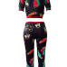  Leisure Round Neck Printed Black Polyester Two-piece Pants Set