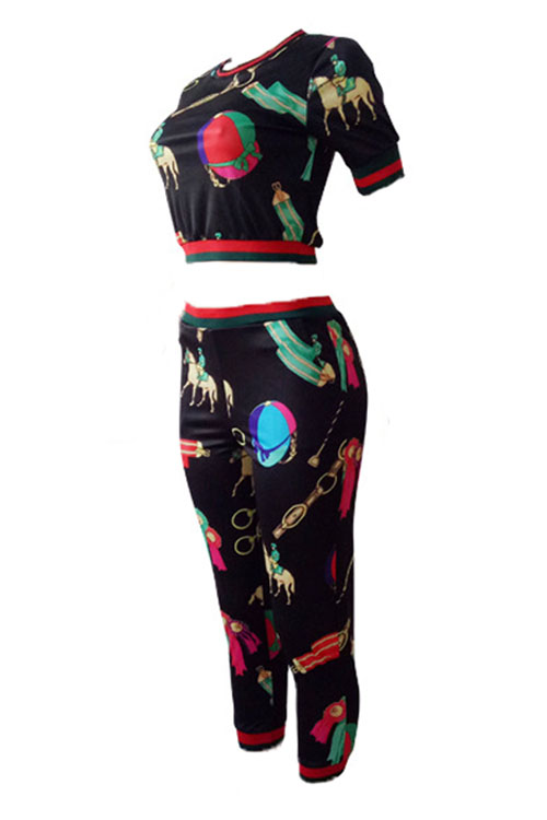  Leisure Round Neck Printed Black Polyester Two-piece Pants Set