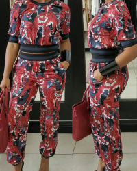  Leisure Round Neck Printed Patchwork Red Cotton Two-piece Pants Set