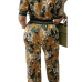  Leisure Round Neck Printed Patchwork Yellow Cotton Two-piece Pants Set