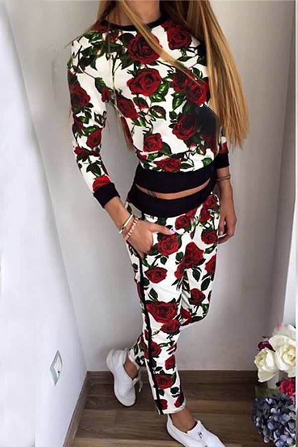  Leisure Round Neck Rose Printed White Nylon Two-piece Pants Set