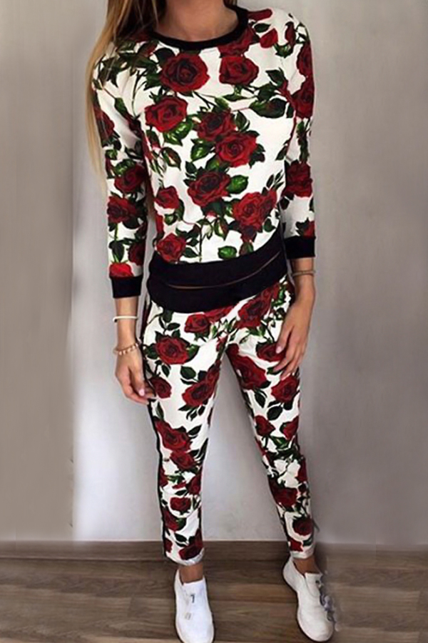  Leisure Round Neck Rose Printed White Nylon Two-piece Pants Set