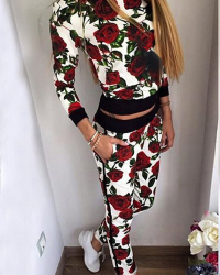  Leisure Round Neck Rose Printed White Nylon Two-piece Pants Set