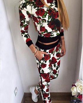  Leisure Round Neck Rose Printed White Nylon Two-piece Pants Set