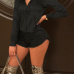  Leisure Turndown Collar Long Sleeves Zipper Design Black Velvet Two-piee Shorts Set