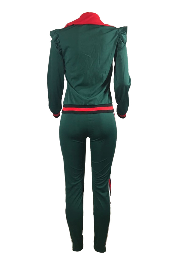  Leisure Turndown Collar Long Sleeves Zipper Design Green Cotton Two-piece Pants Set