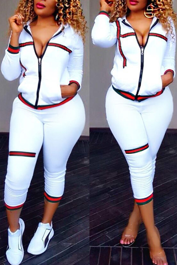  Leisure Turndown Collar Long Sleeves Zipper Design White Knitting Two-piece Pants Set