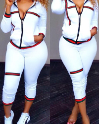  Leisure Turndown Collar Long Sleeves Zipper Design White Knitting Two-piece Pants Set