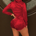  Leisure Turndown Collar Long Sleeves Zipper Design Wine Red Velvet Two-piee Shorts Set