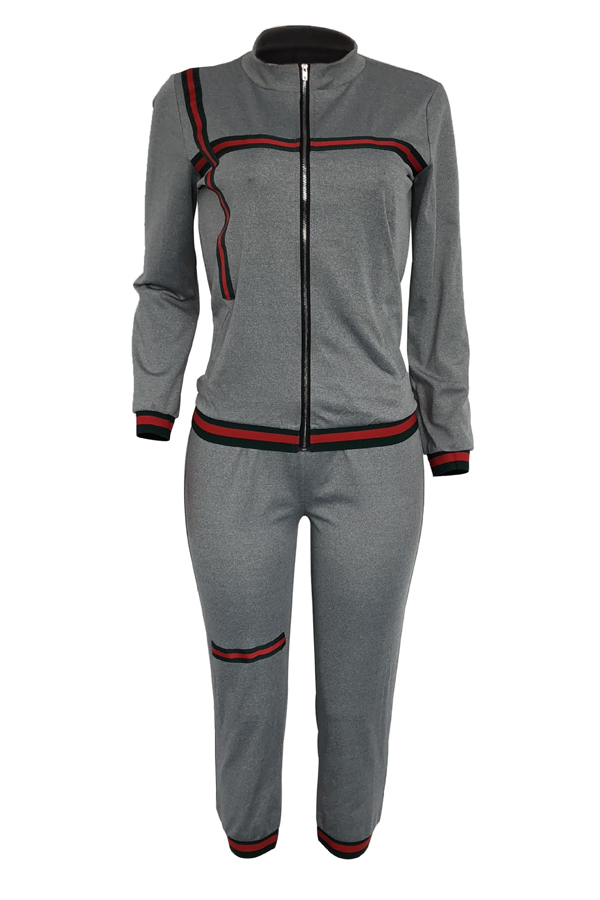  Leisure Turndown Collar Zipper Design Grey Knitting Two-piece Pants Set