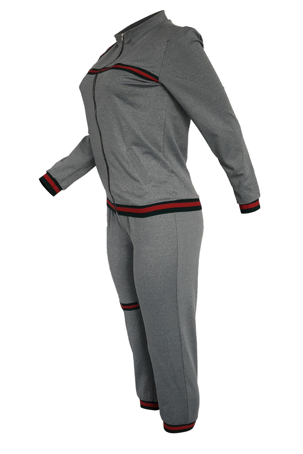  Leisure Turndown Collar Zipper Design Grey Knitting Two-piece Pants Set