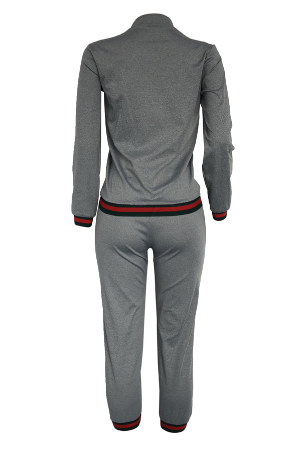  Leisure Turndown Collar Zipper Design Grey Knitting Two-piece Pants Set