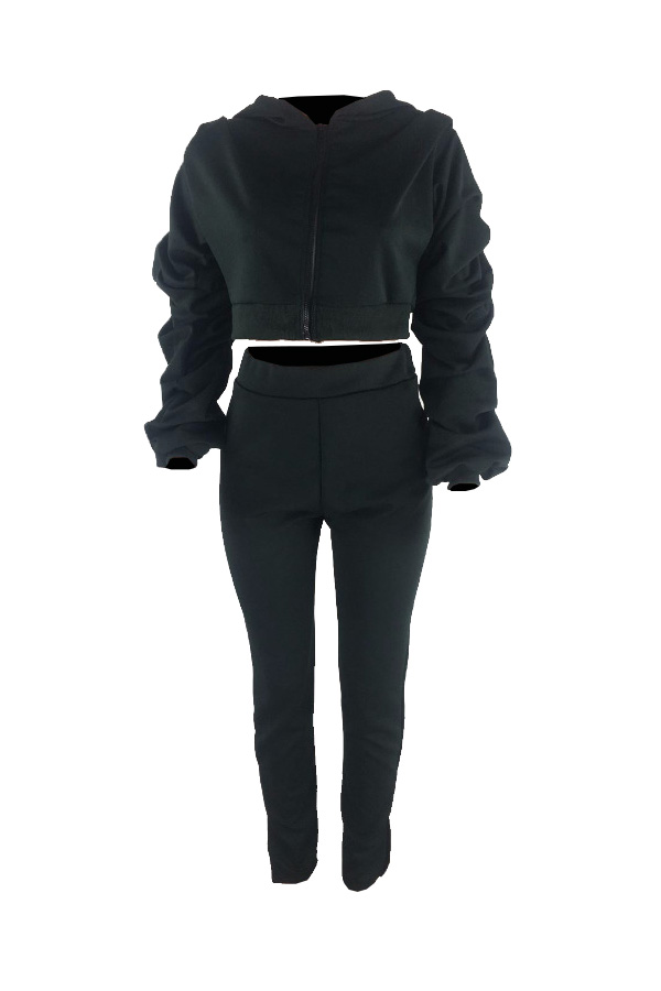  Leisure V Neck Long Sleeves Zipper Design Black Polyester Two-piece Pants Set