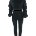  Leisure V Neck Long Sleeves Zipper Design Black Polyester Two-piece Pants Set