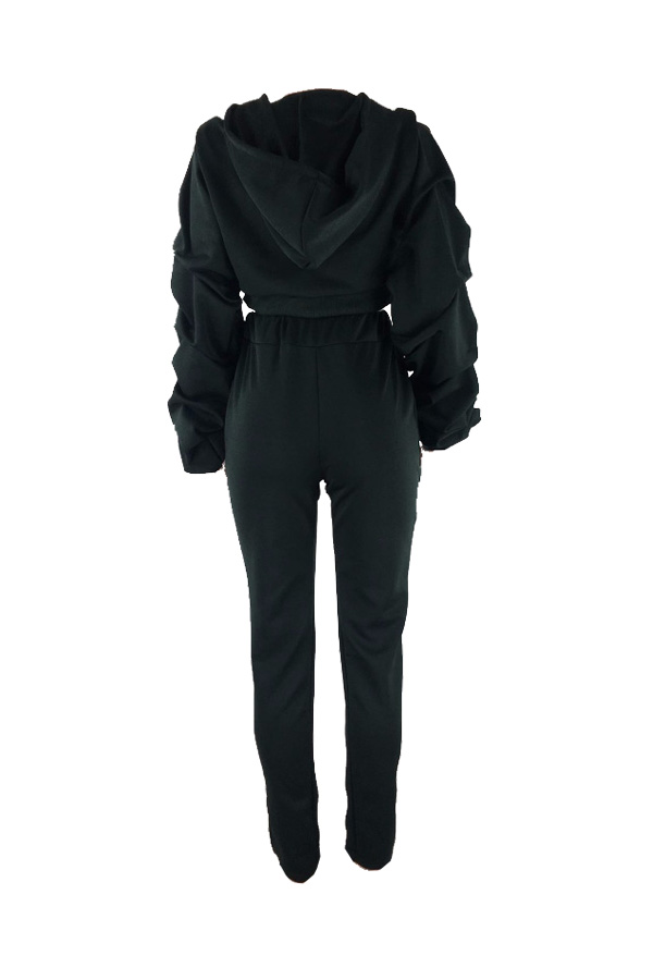  Leisure V Neck Long Sleeves Zipper Design Black Polyester Two-piece Pants Set