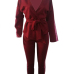  Leisure V Neck Striped Slit Hem Red Polyester Two-Piece Pants Set(With Belt)