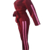  Leisure V Neck Striped Slit Hem Red Polyester Two-Piece Pants Set(With Belt)